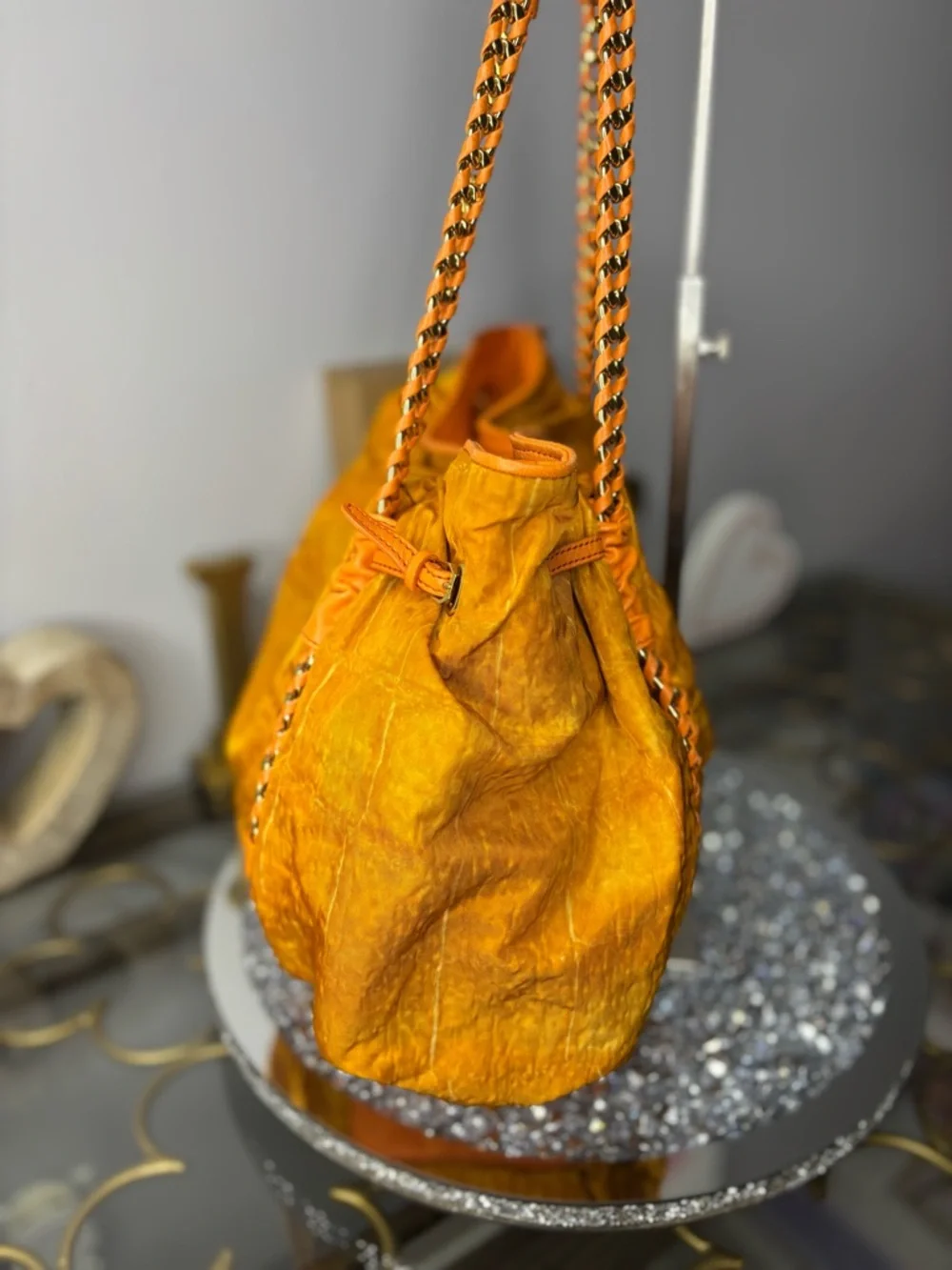 MCM RARE Orange Crinkled Leather Chain-Handle Shoulder Bag EUC - Picture 7 of 15